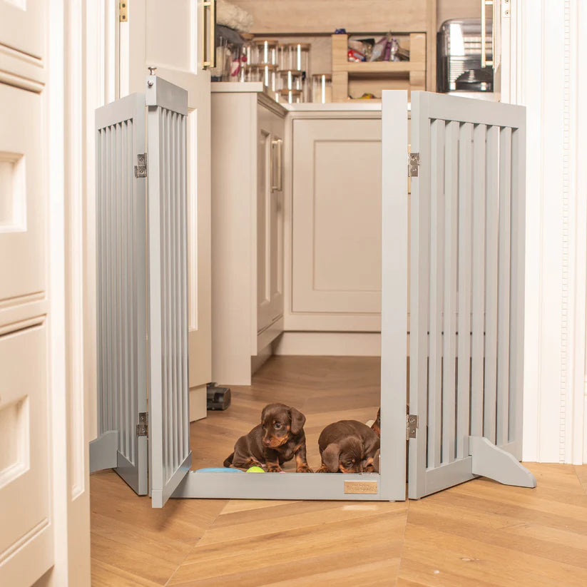 Lords and Labradors Grey Medium Wooden Dog Gate in white and grey