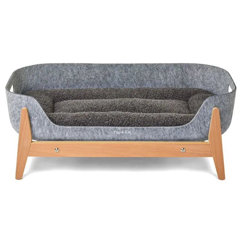 Pup & Kit Bedding Slate Grey PetNest Full Bed Kit with Raised Stand in Natural Wood
