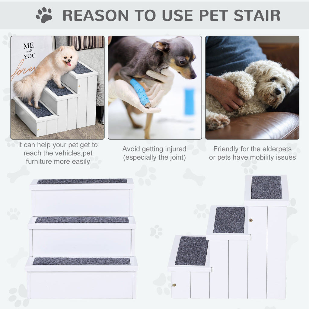 3 Step Wooden Dog Steps Pet Stairs for Bed or sofa with Storage in White - Slickers ◊ Doghouse