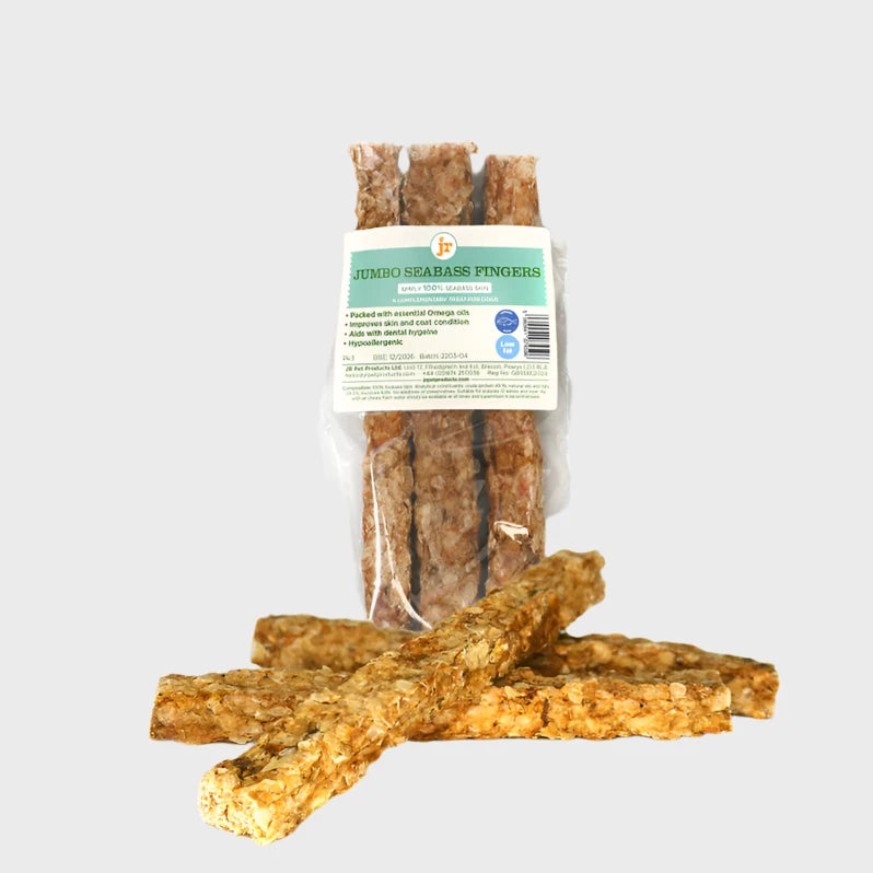 Packaged dog treats with a visible brand label on a white background