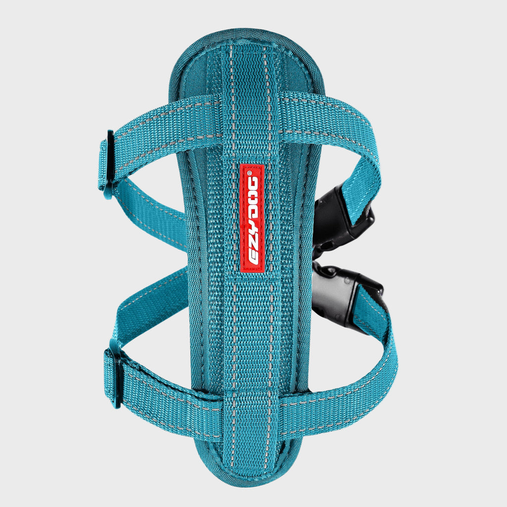 Blue dog harness with a red logo on a white background