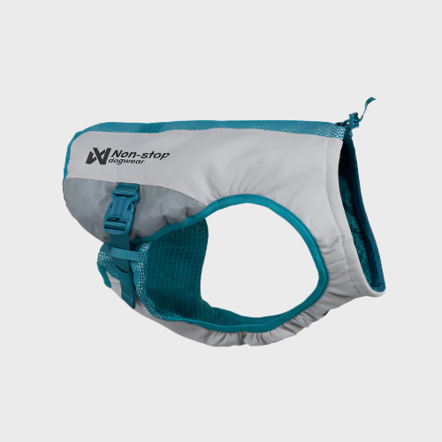 Teal and gray dog harness with 'Non-stop dogwear' branding on a white background
