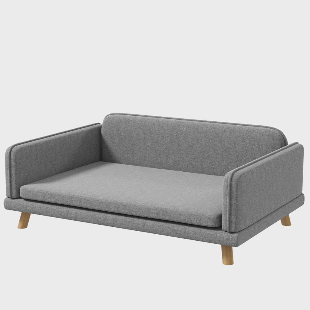 Gray pet bed with wooden legs on a white background