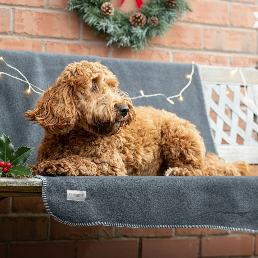 Dog sitting on a cushioned bench with a festive wreath and lights in the background.