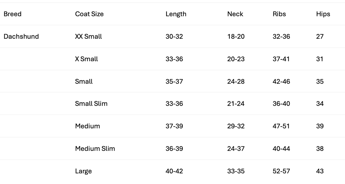 Stix Waterproof Fleece Coats for Dachshunds measuring guide