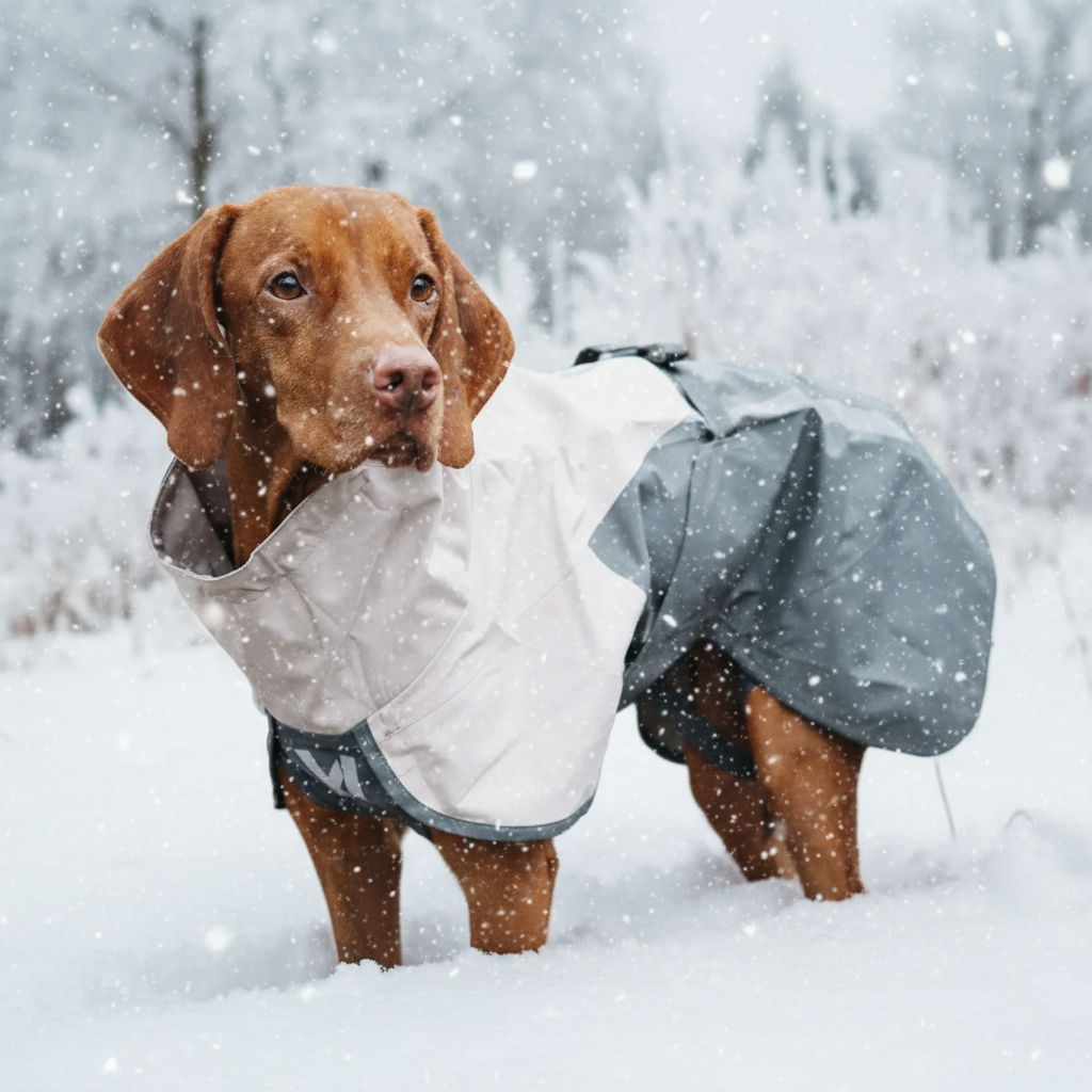 Dog wearing a winter coat in a snowy landscape