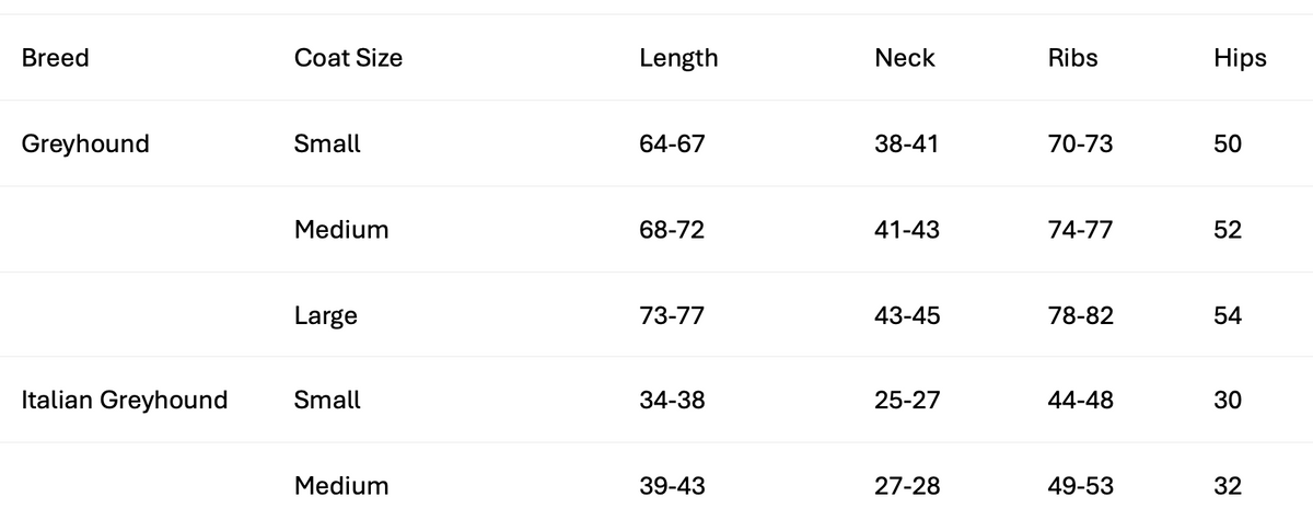 Stix Waterproof Fleece Coats for Greyhounds measuring guide