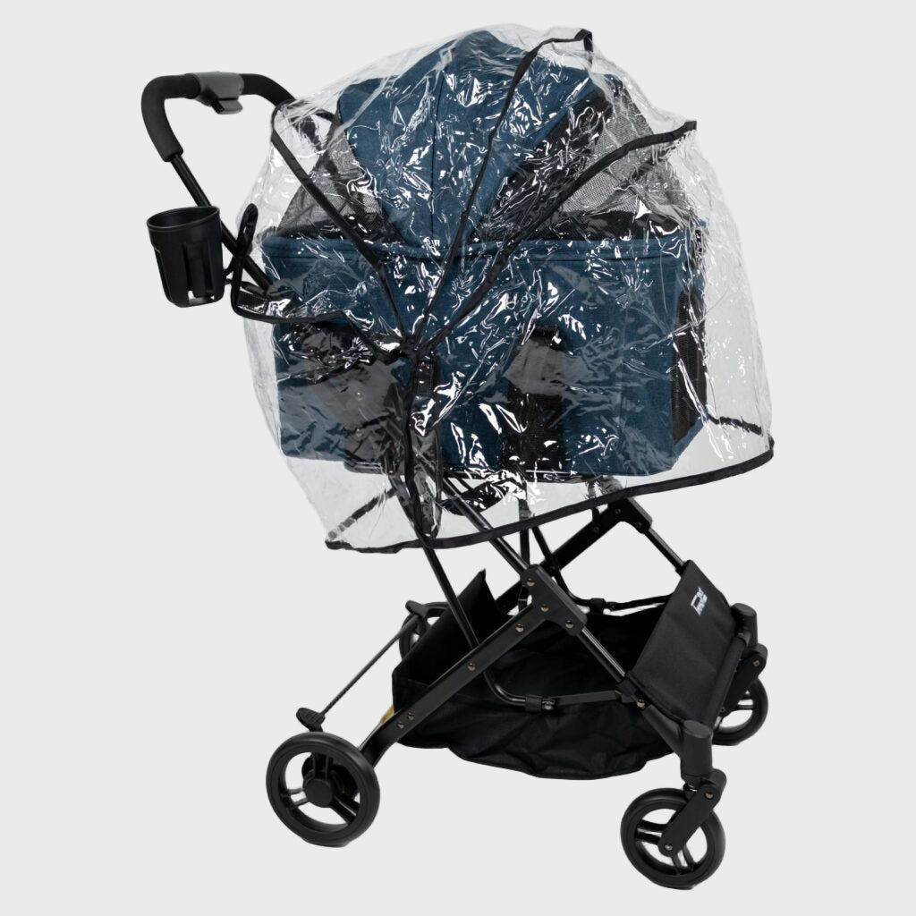 Black stroller with a clear rain cover on a white background