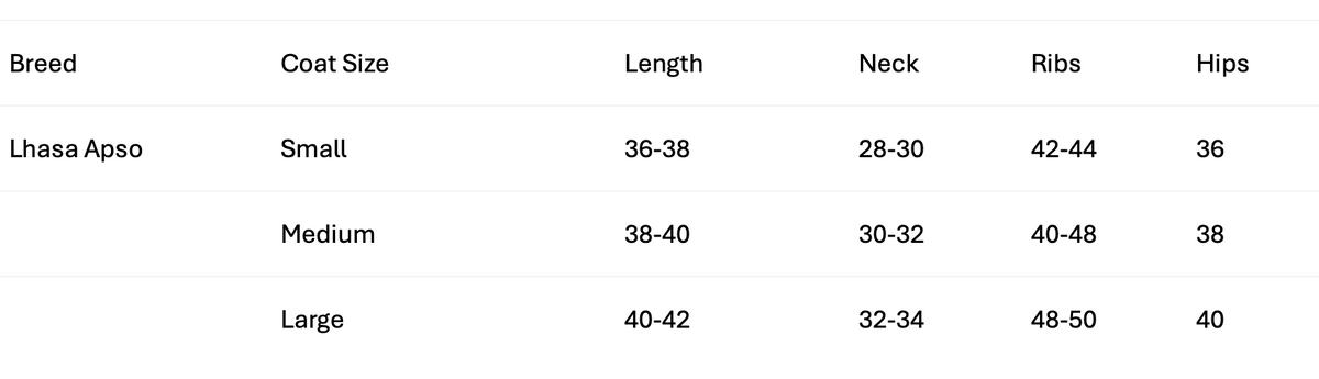 Stix Waterproof Fleece Coats for Lhasa Apsos measuring guide