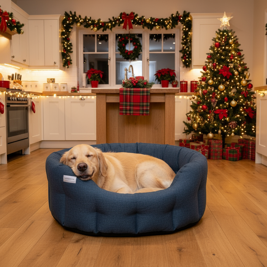 Blue pet bed with a visible brand label on a white background
