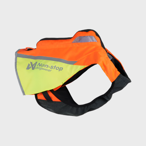 Orange and yellow dog vest with 'Non-stop Dogwear' branding on a white background