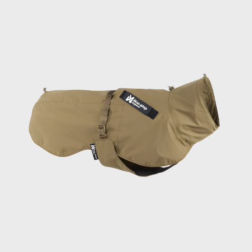 Brown dog coat with a visible brand logo on a white background