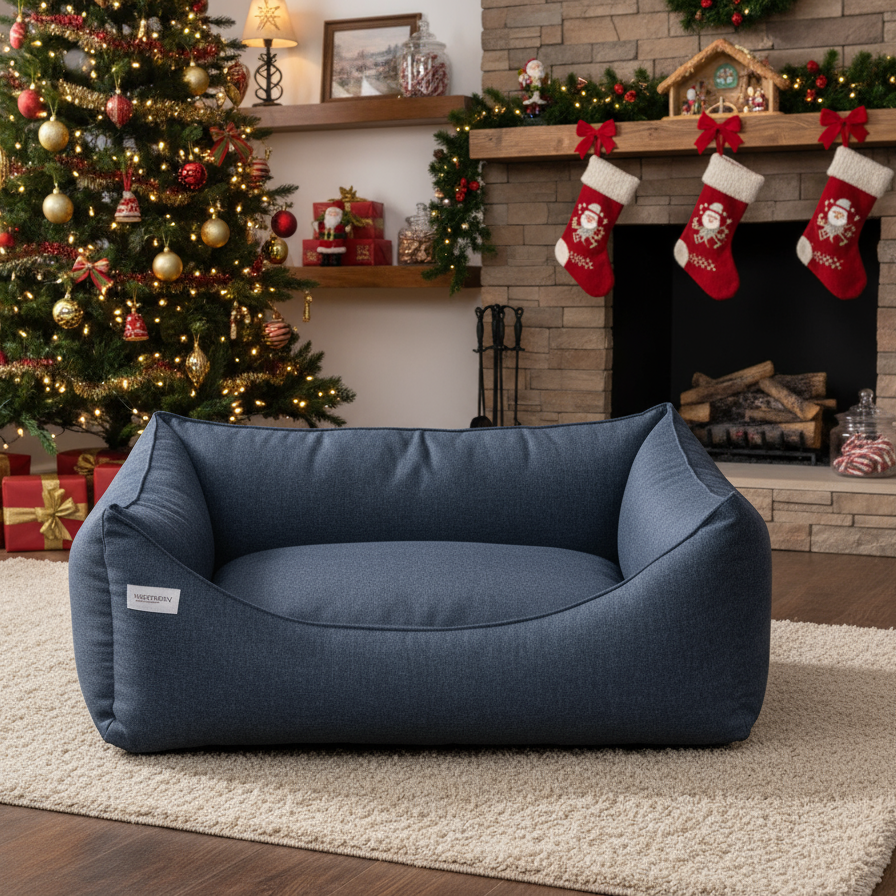 Blue pet bed with a visible brand label on a white background