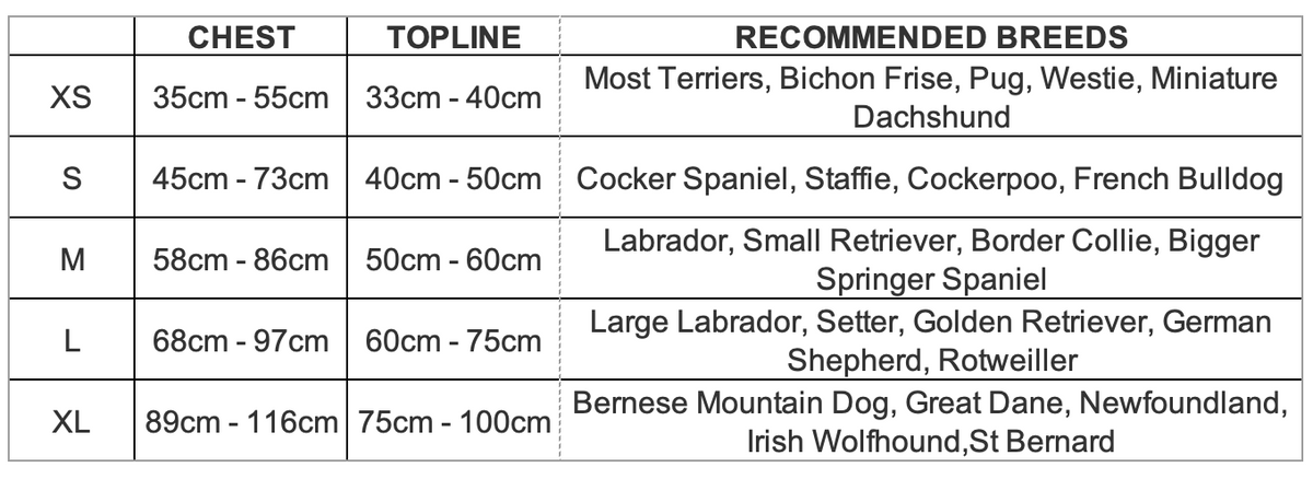 Ruff and Tumble Cool Coat - Size XS measuring guide