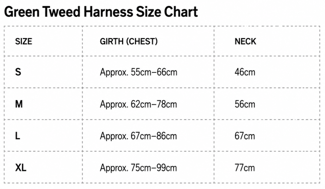 Green Tweed Harness measuring guide