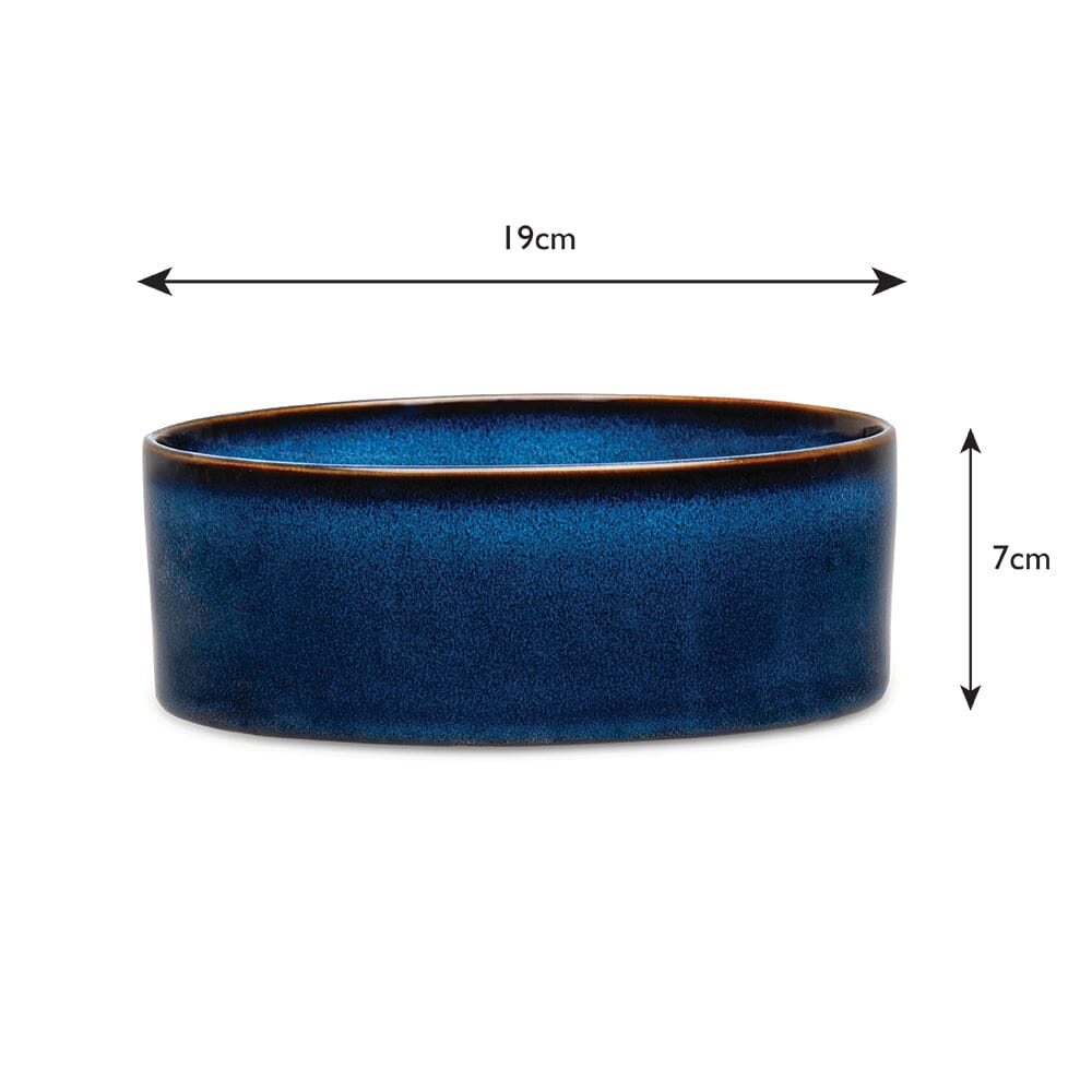Blue ceramic bowl with dimensions on a white background