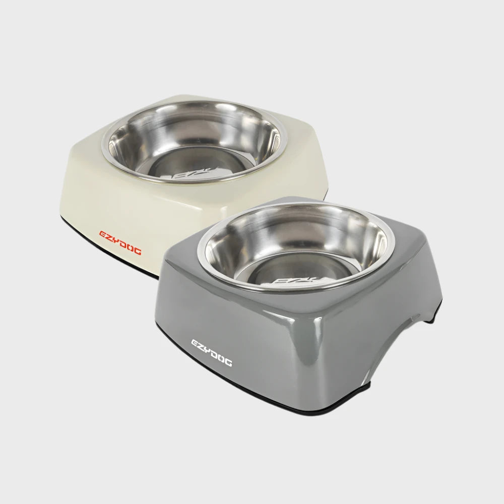 Two pet bowls, one beige and one gray, with 'ezypet' branding on a white background.