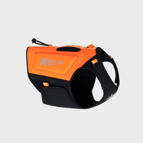 Orange and black dog harness on a white background