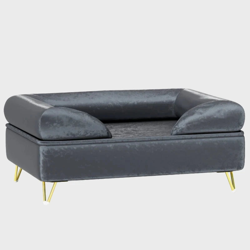 Gray sofa with gold legs on a white background