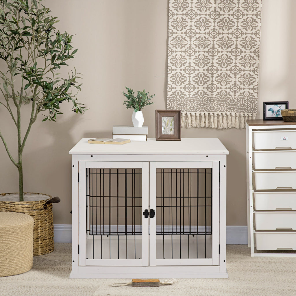 Dog Crate Furniture with 2 Doors for Medium and Small Dogs, 81 x 58.5 x 66 cm, White - Slickers ◊ Doghouse