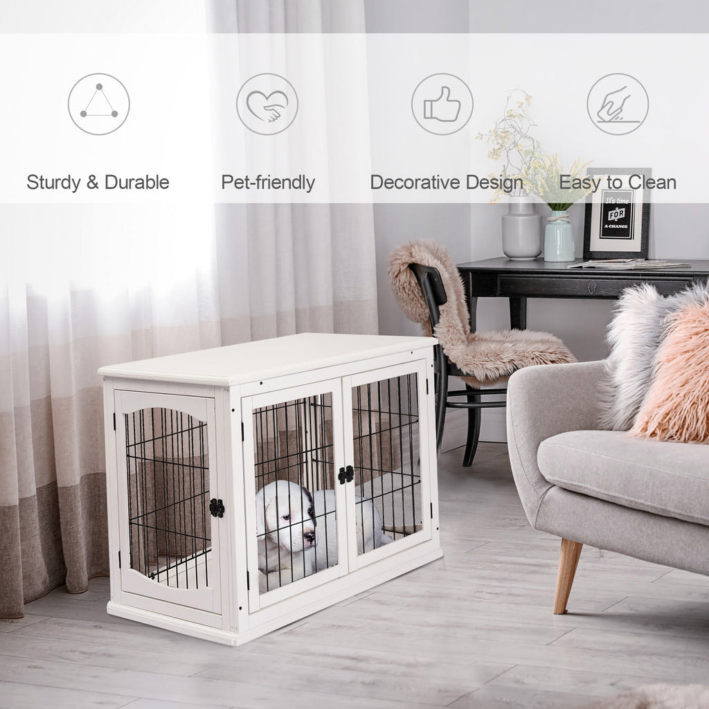Dog Crate Furniture with 2 Doors for Medium and Small Dogs, 81 x 58.5 x 66 cm, White - Slickers ◊ Doghouse