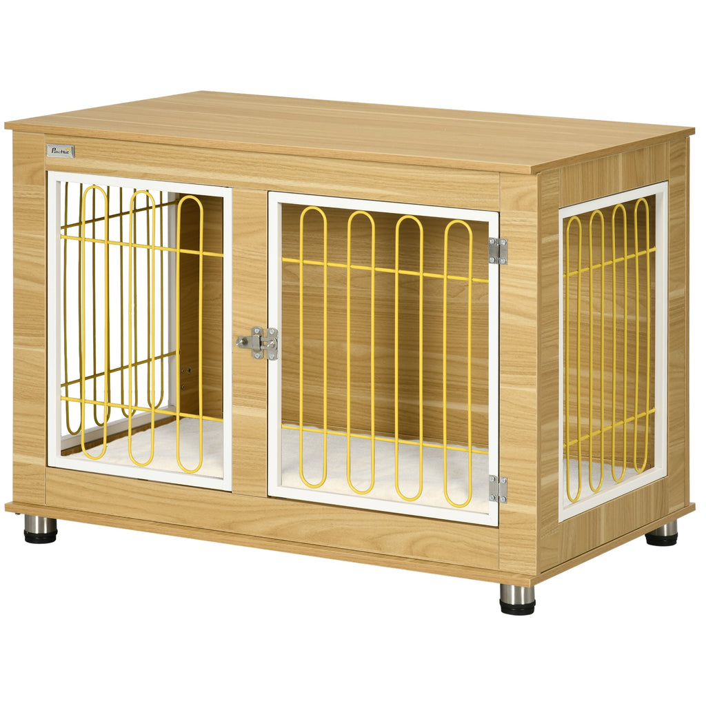 Dog Crate Furniture with Soft Cushion & Double Door, Oak Tone - Slickers ◊ Doghouse