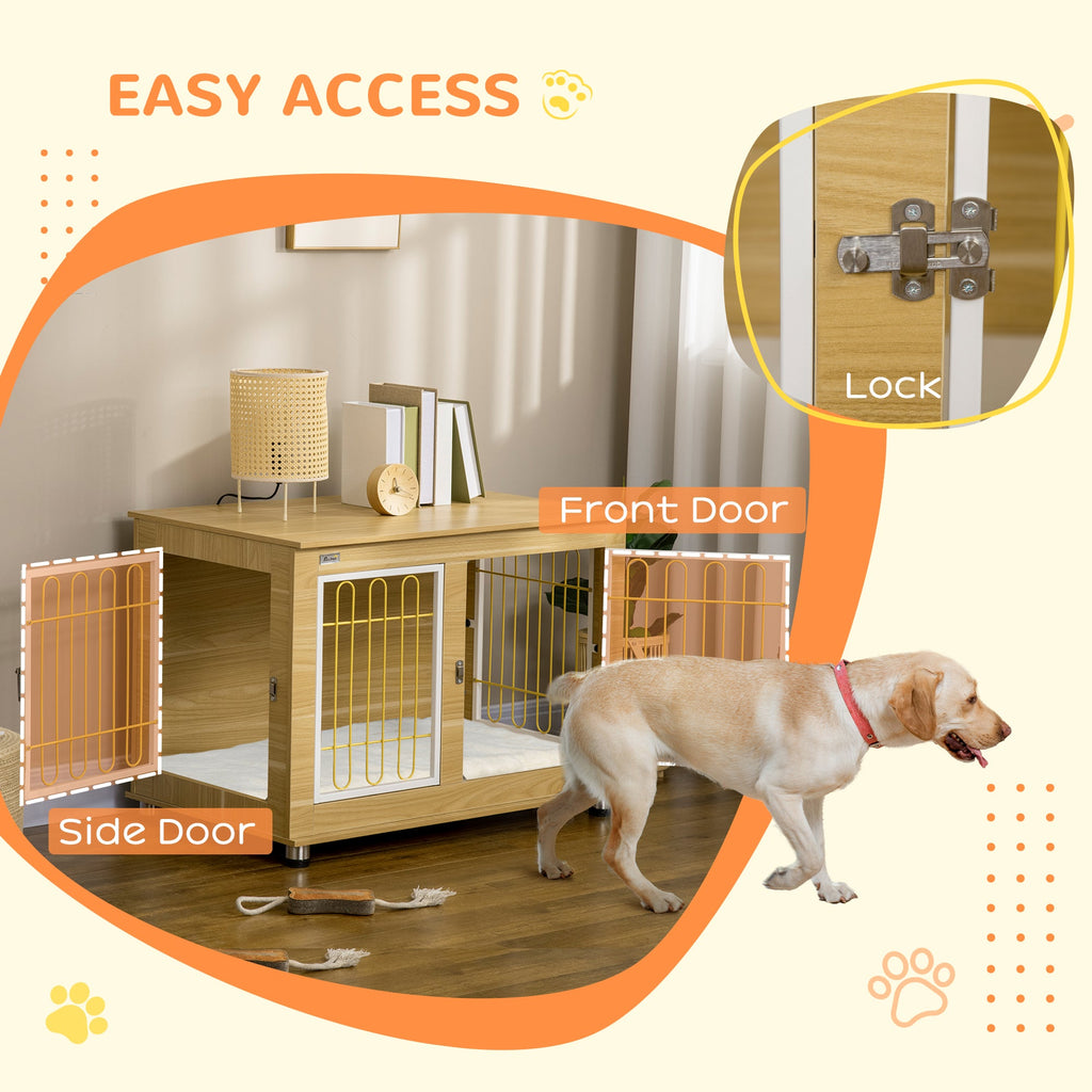 Dog Crate Furniture with Soft Cushion & Double Door, Oak Tone - Slickers ◊ Doghouse