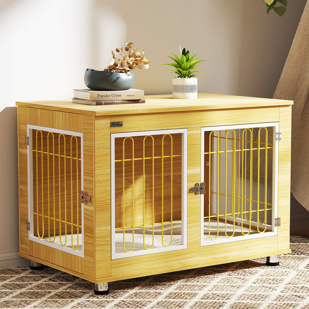 Dog Crate Furniture with Soft Cushion & Double Door, Oak Tone - Slickers ◊ Doghouse