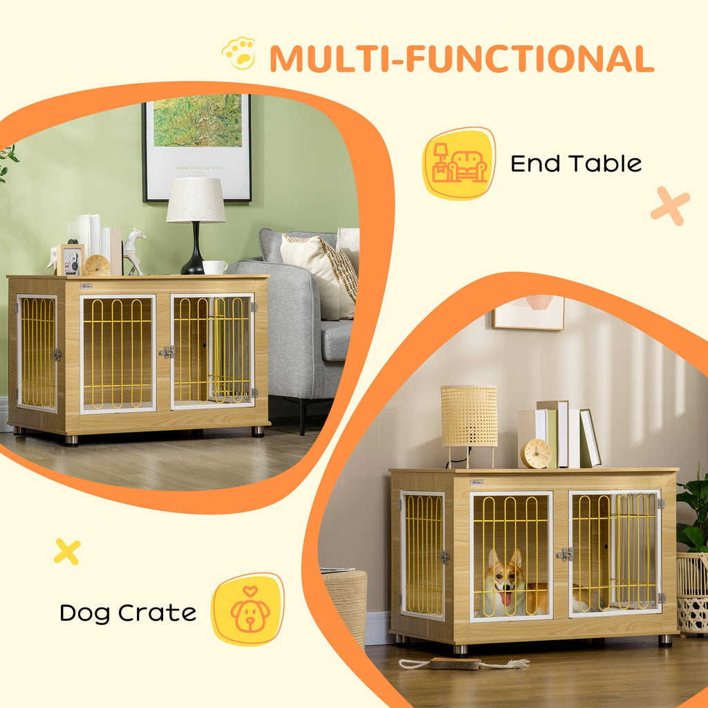 Dog Crate Furniture with Soft Cushion & Double Door, Oak Tone - Slickers ◊ Doghouse