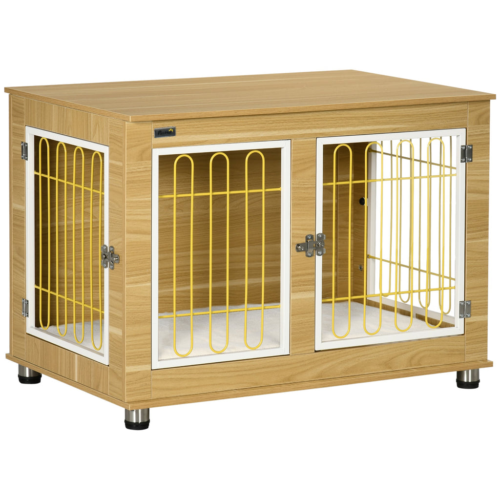 Dog Crate Furniture with Soft Cushion & Double Door, Oak Tone - Slickers ◊ Doghouse