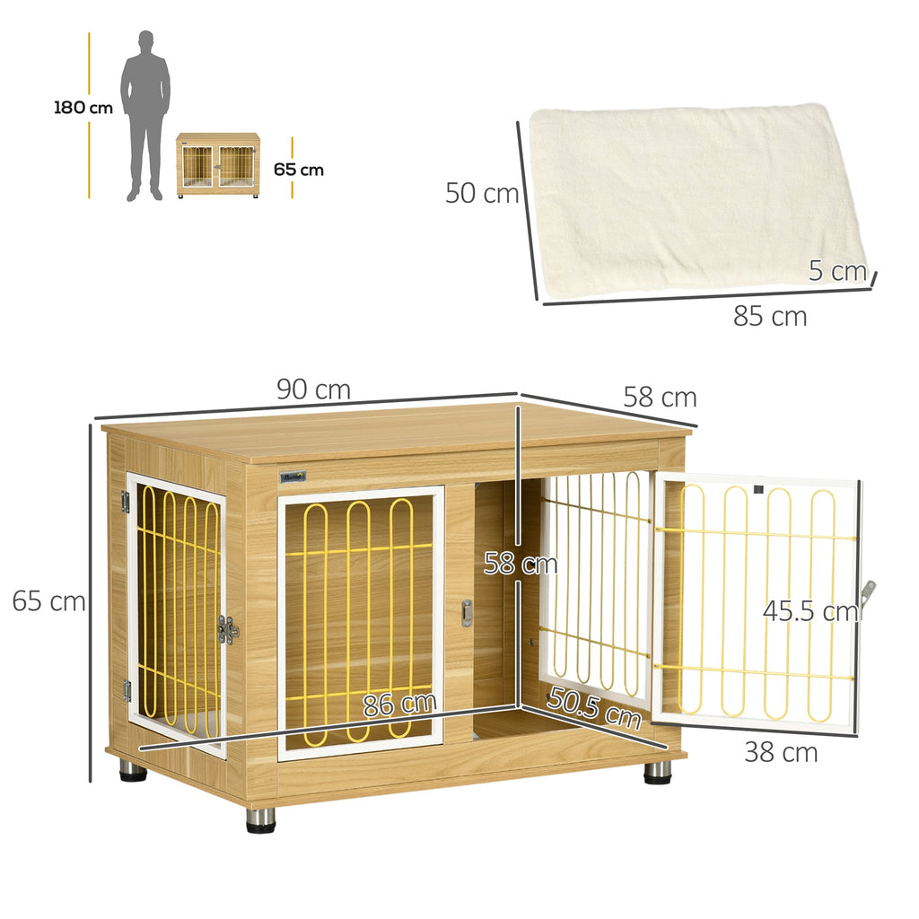 Dog Crate Furniture with Soft Cushion & Double Door, Oak Tone - Slickers ◊ Doghouse