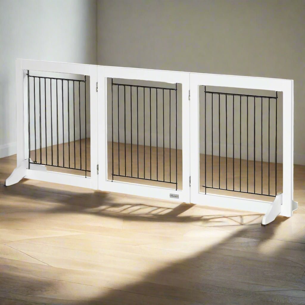 Foldable Pet Gate with Three Panels & Two Support Feet, white - Slickers ◊ Doghouse