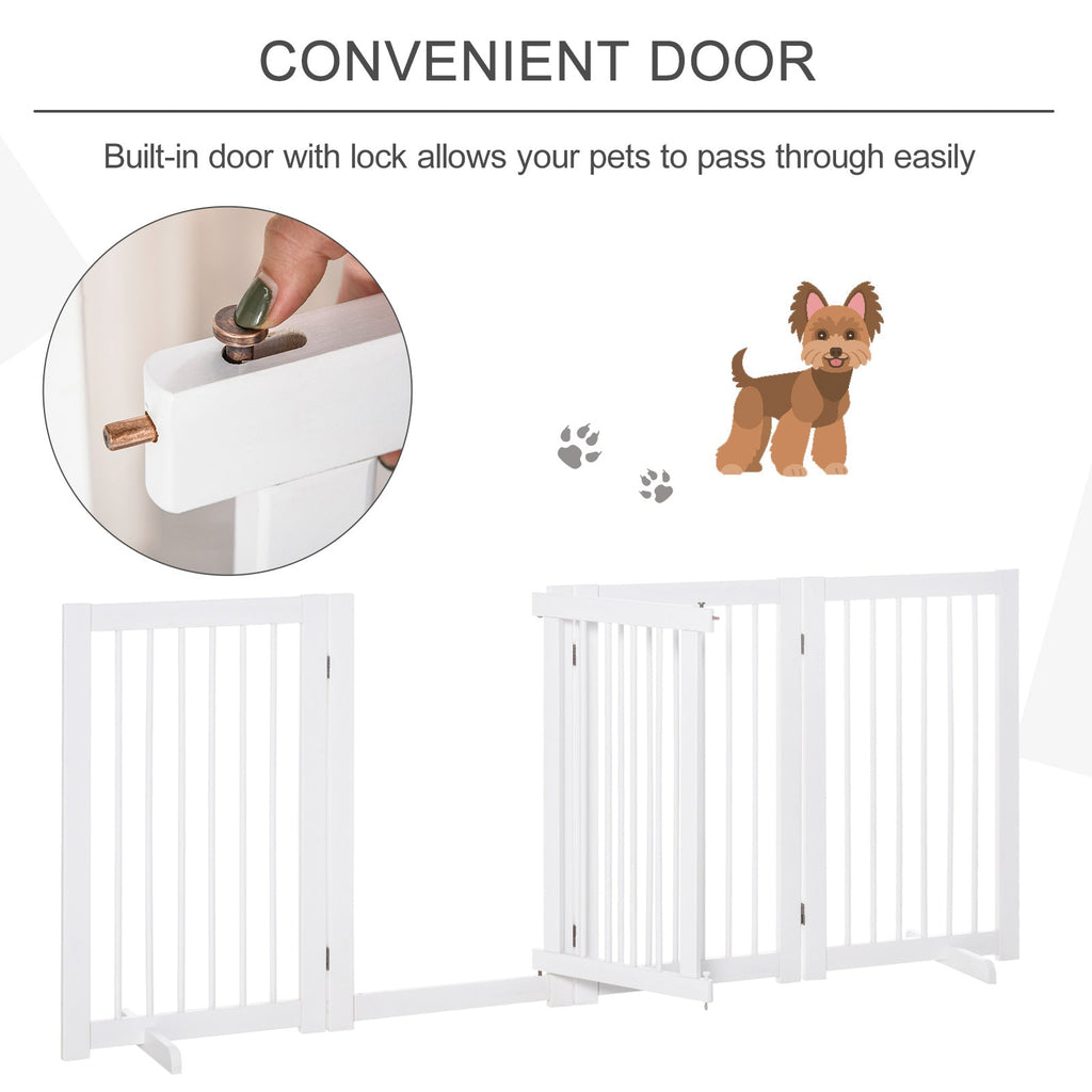 Freestanding 4 Panel Wooden Dog Safety Gate, Foldable. Support Feet for Doorway Stairs, 91cm Tall White - Slickers ◊ Doghouse