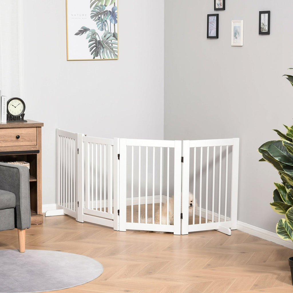 Freestanding 4 Panel Wooden Dog Safety Gate, Foldable. Support Feet for Doorway Stairs, 91cm Tall White - Slickers ◊ Doghouse