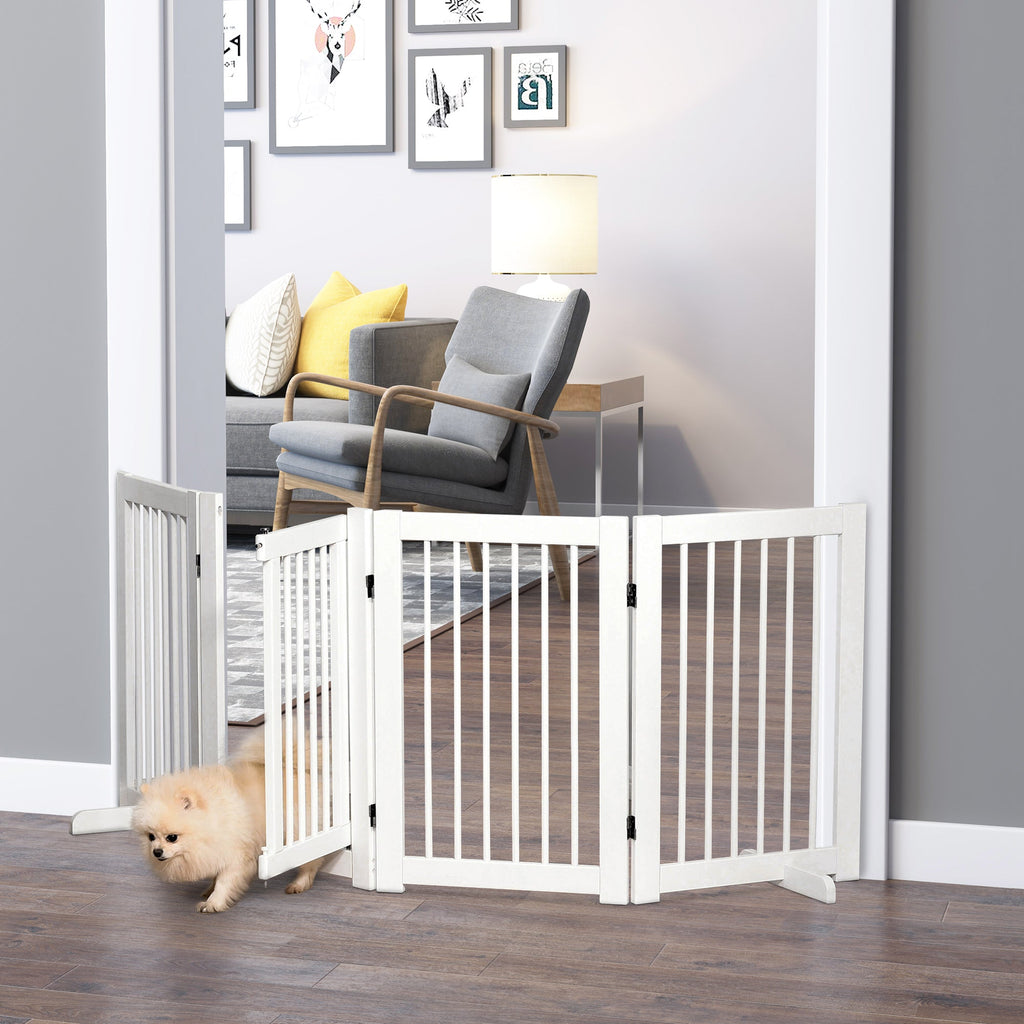 Freestanding 4 Panel Wooden Dog Safety Gate, Foldable. Support Feet for Doorway Stairs, 91cm Tall White - Slickers ◊ Doghouse