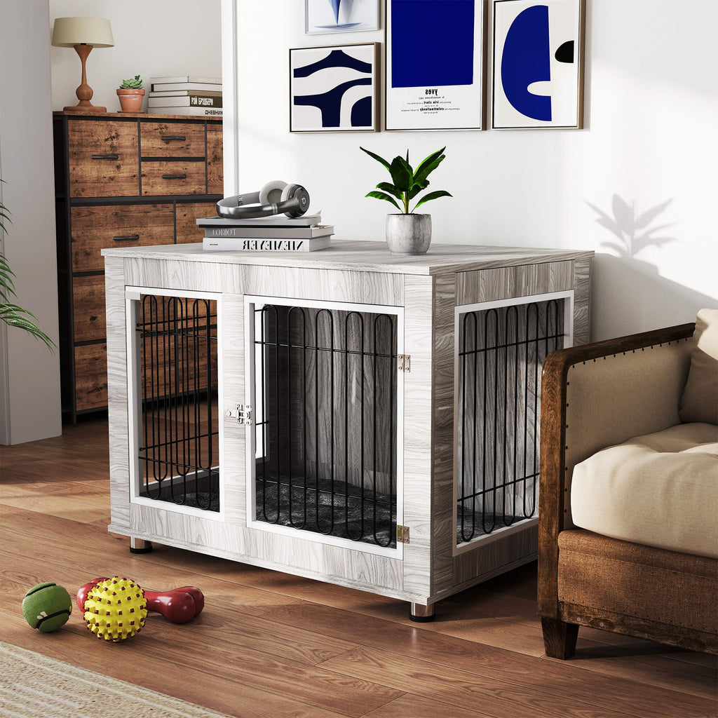 Indoor Dog crate with Soft Cushion & Double Door for Large Dogs, 106 x 74 x 81.5cm, Grey - Slickers ◊ Doghouse