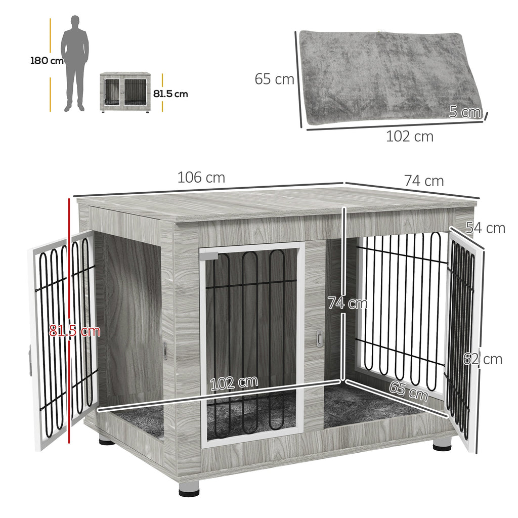 Indoor Dog crate with Soft Cushion & Double Door for Large Dogs, 106 x 74 x 81.5cm, Grey - Slickers ◊ Doghouse