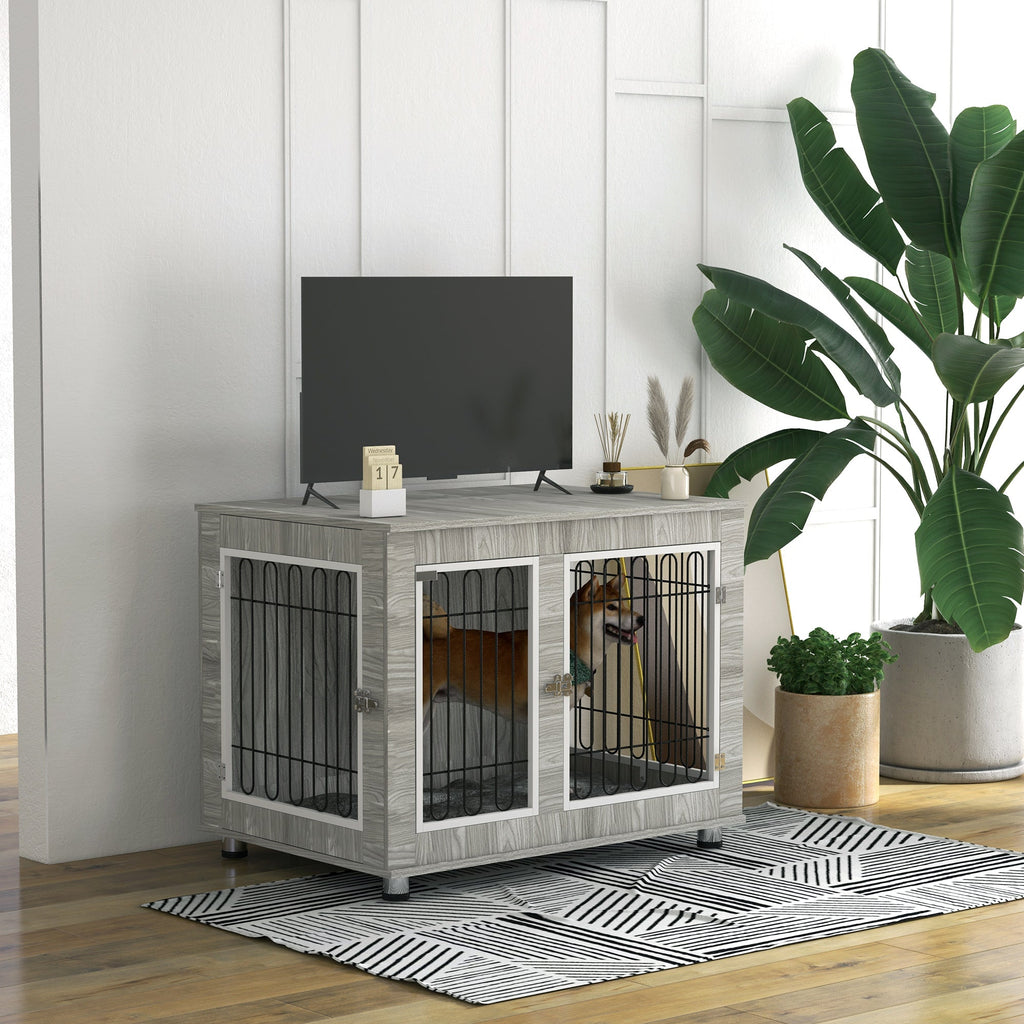 Indoor Dog crate with Soft Cushion & Double Door for Large Dogs, 106 x 74 x 81.5cm, Grey - Slickers ◊ Doghouse