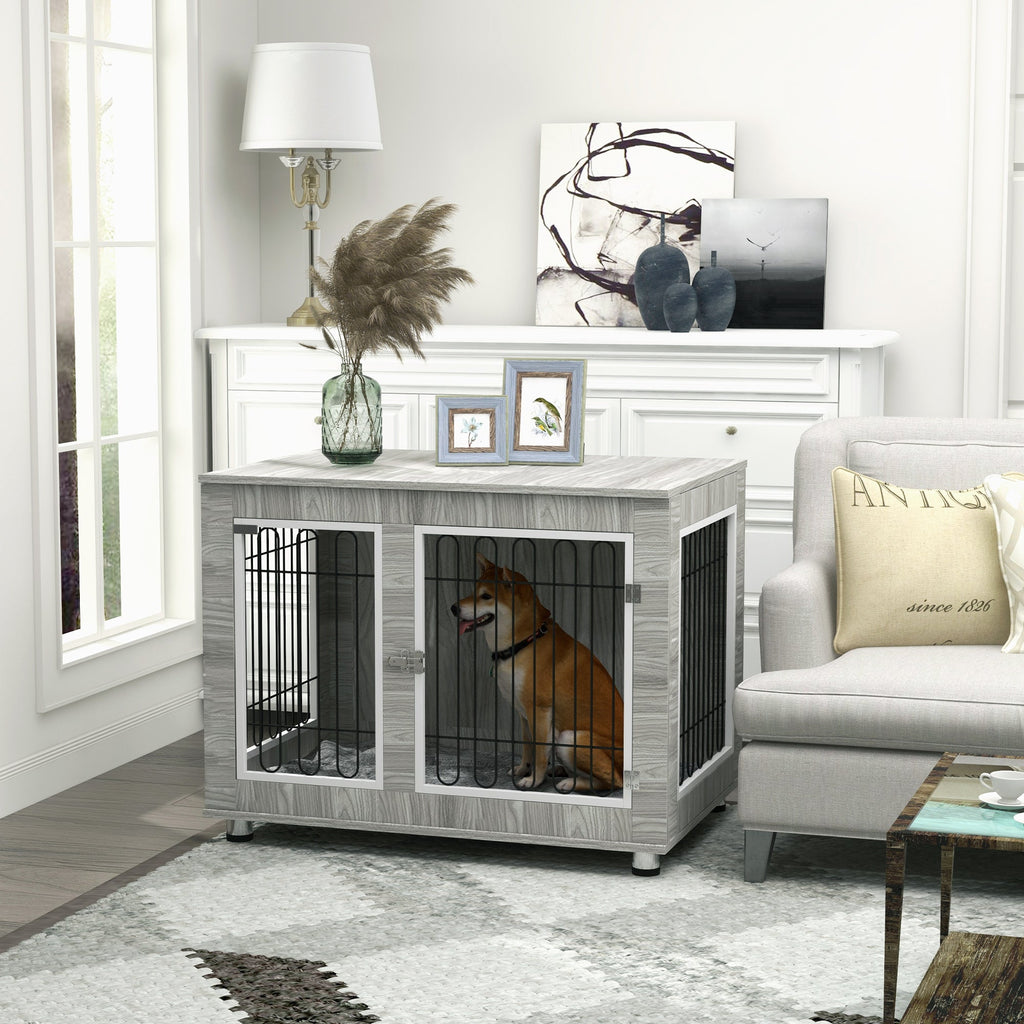 Indoor Dog crate with Soft Cushion & Double Door for Large Dogs, 106 x 74 x 81.5cm, Grey - Slickers ◊ Doghouse