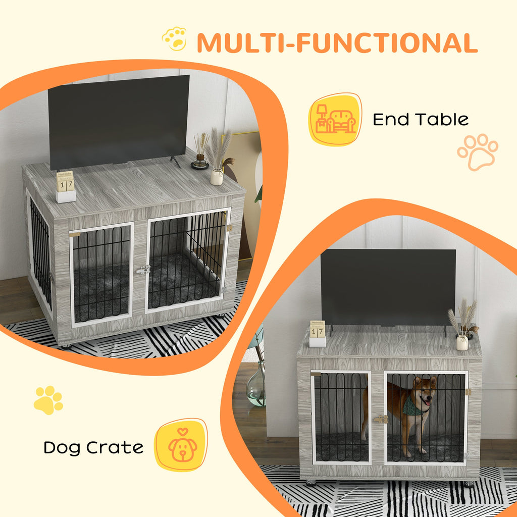 Indoor Dog crate with Soft Cushion & Double Door for Large Dogs, 106 x 74 x 81.5cm, Grey - Slickers ◊ Doghouse