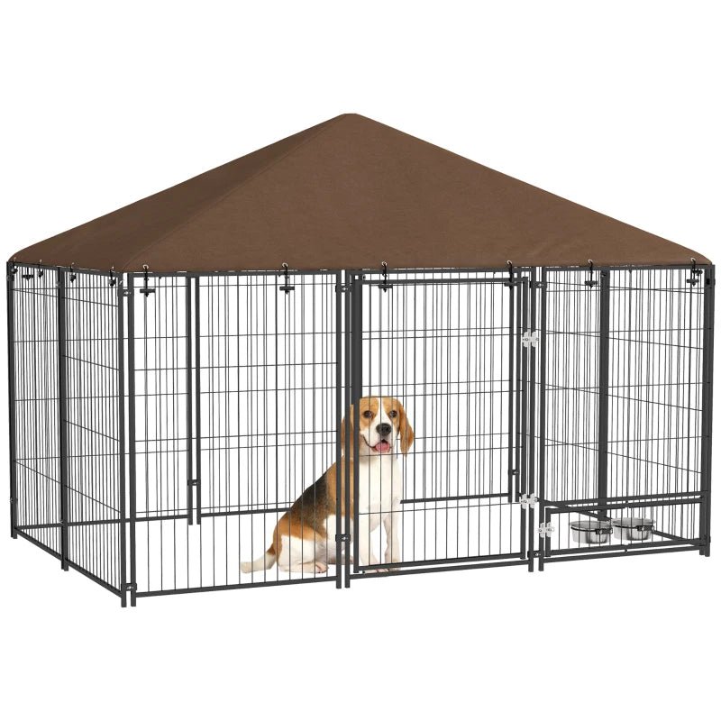 Large Outdoor Dog Crate with Canopy & Rotating Bowl 211 x 141 x 151 cm - Slickers ◊ Doghouse