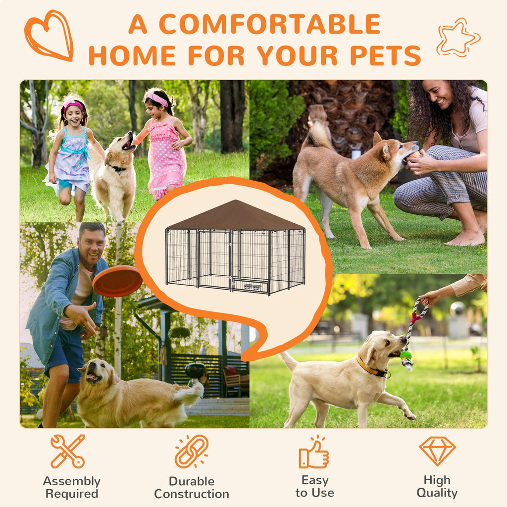 Large Outdoor Dog Crate with Canopy & Rotating Bowl 211 x 141 x 151 cm - Slickers ◊ Doghouse