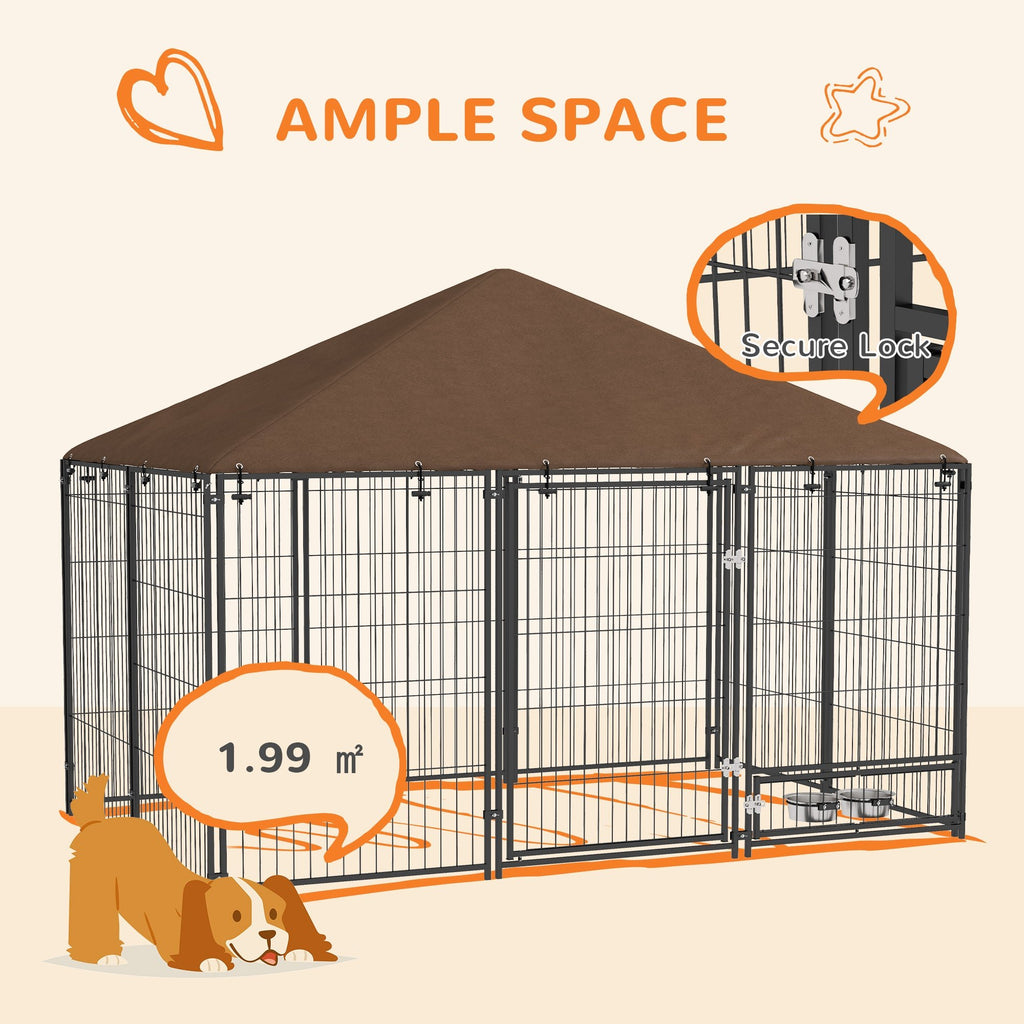 Large Outdoor Dog Crate with Canopy & Rotating Bowl 211 x 141 x 151 cm - Slickers ◊ Doghouse