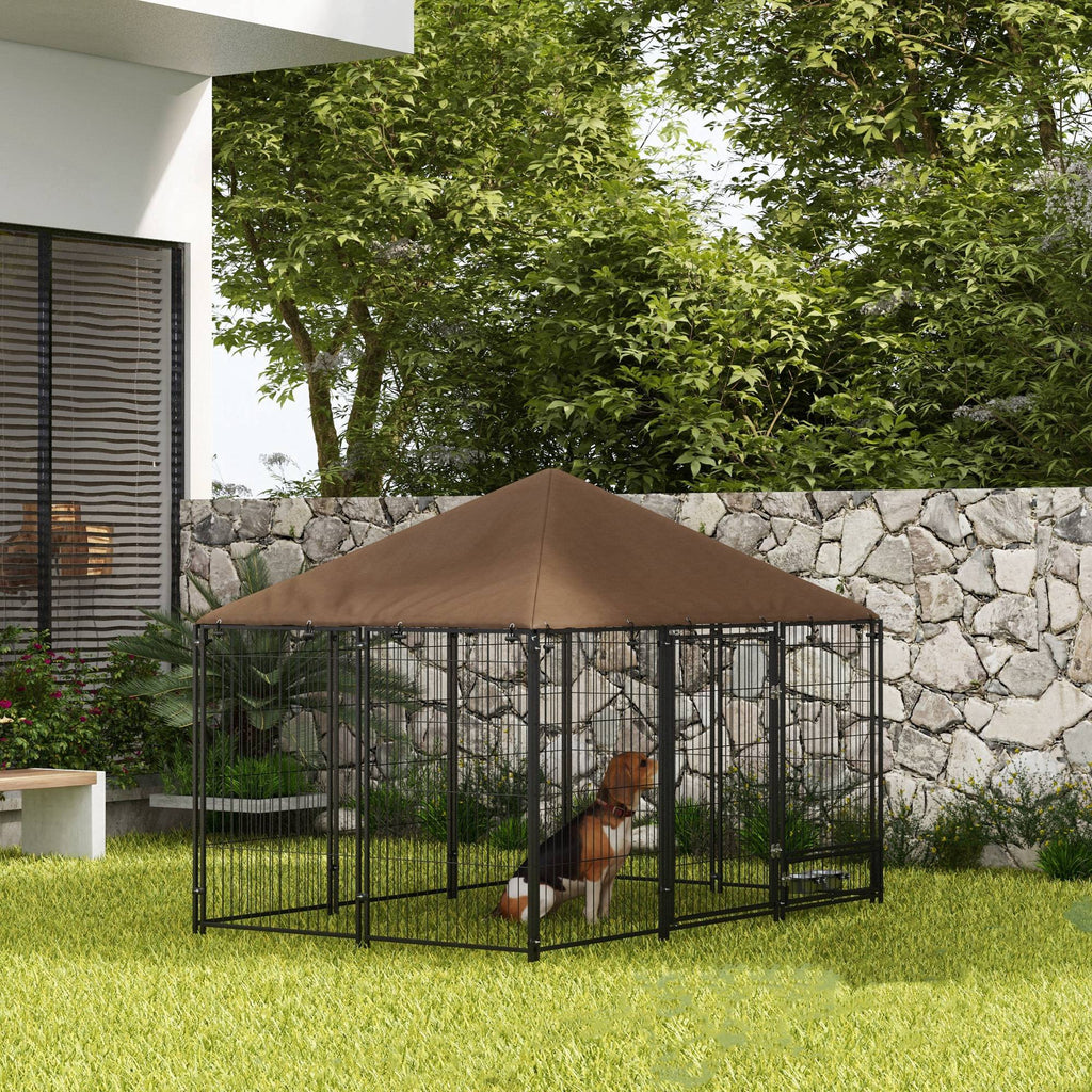 Large Outdoor Dog Crate with Canopy & Rotating Bowl 211 x 141 x 151 cm - Slickers ◊ Doghouse