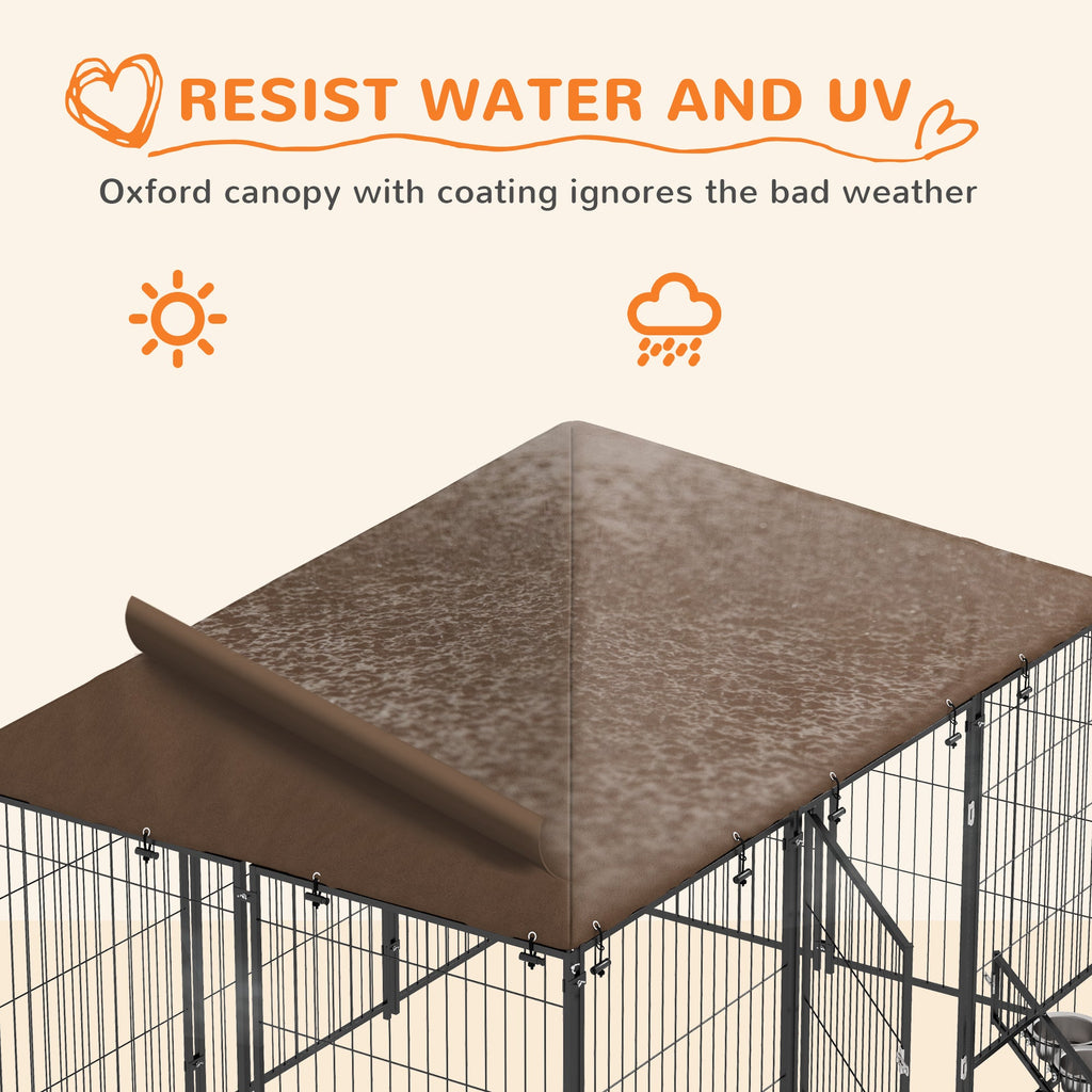 Large Outdoor Dog Crate with Canopy & Rotating Bowl 211 x 141 x 151 cm - Slickers ◊ Doghouse