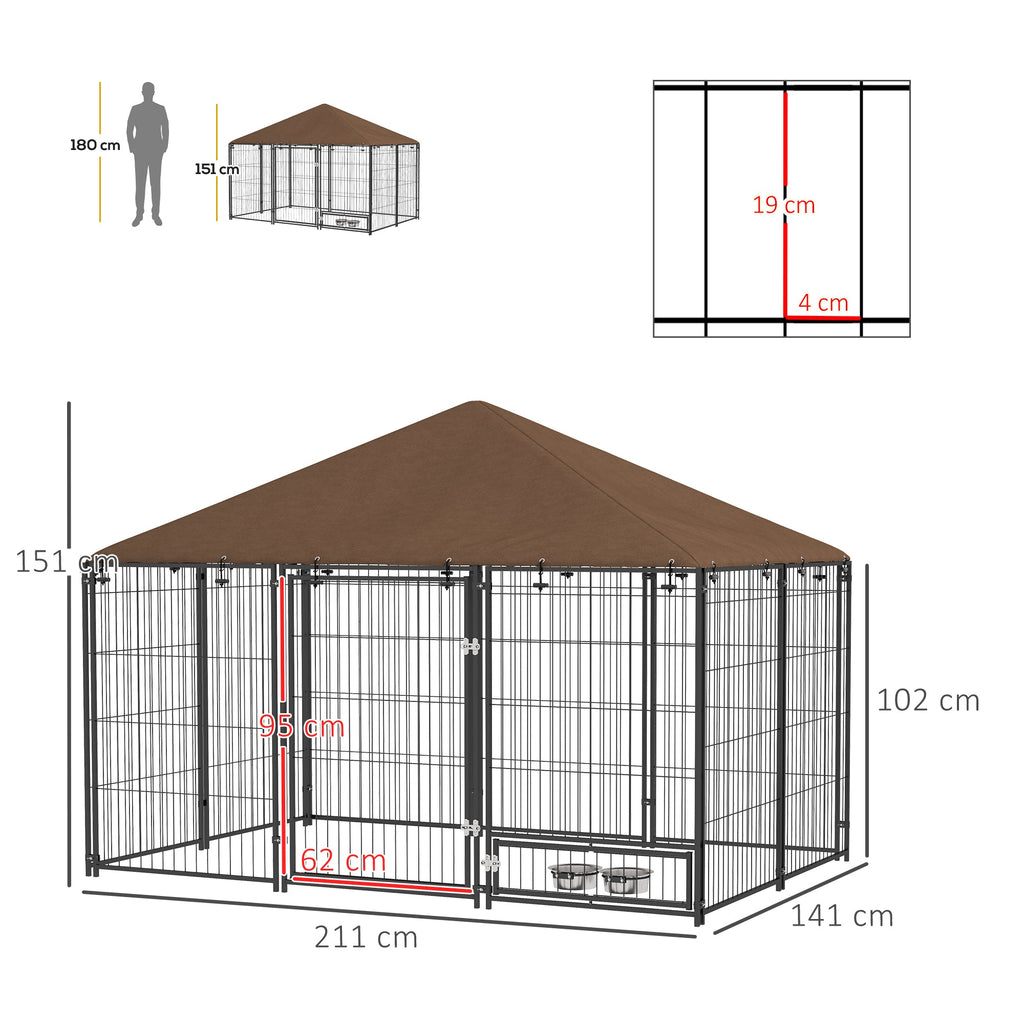Large Outdoor Dog Crate with Canopy & Rotating Bowl 211 x 141 x 151 cm - Slickers ◊ Doghouse