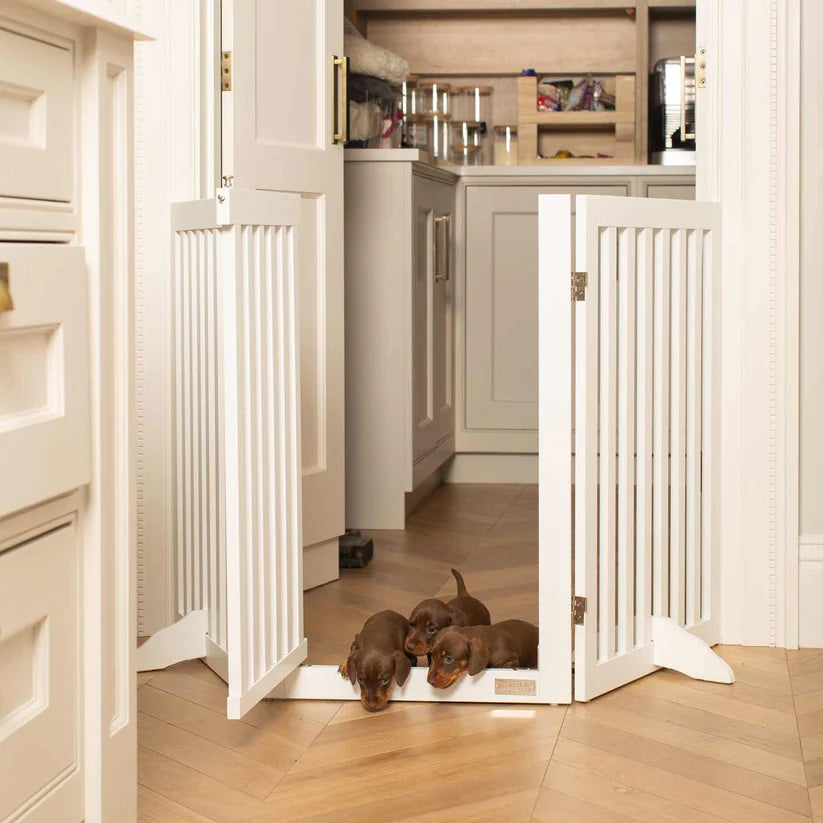 Lords and Labradors White Medium Wooden Dog Gate in white and grey