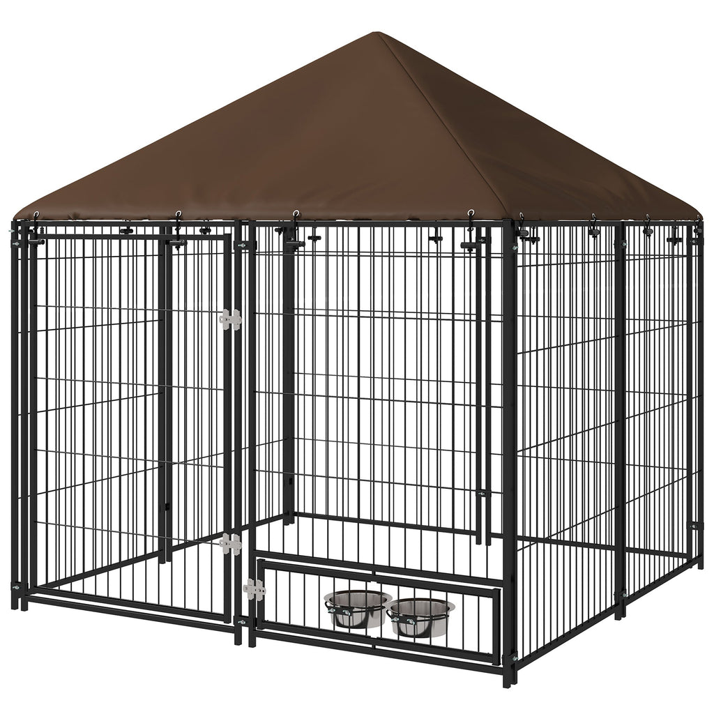Medium Outdoor Dog Crate with Canopy & Rotating Bowl 141 x 141 x 151 cm - Slickers ◊ Doghouse