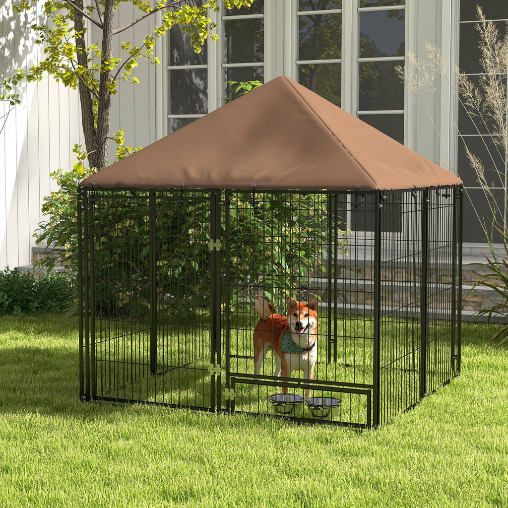 Medium Outdoor Dog Crate with Canopy & Rotating Bowl 141 x 141 x 151 cm - Slickers ◊ Doghouse