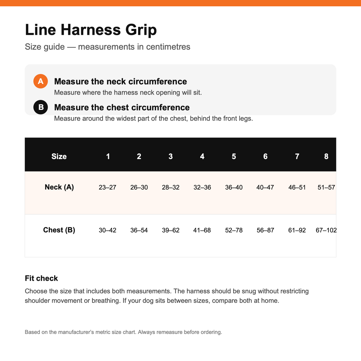 Non-stop Dogwear Line Harness Grip measuring guide